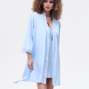 INC International Concept Women Robe Blue XL Lace Trim Satin Coquette Bridal NWT
